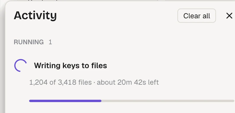 Activity, with one running job: Writing keys to files, 1,204 of 3,418 files, about how long is left, and its progress bar