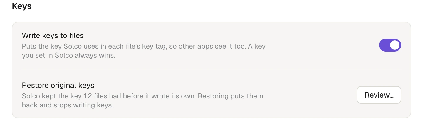 Settings, Analysis, Keys: the Write keys to files switch, on, and Restore original keys, which says Solco kept the key 12 files had, with Review